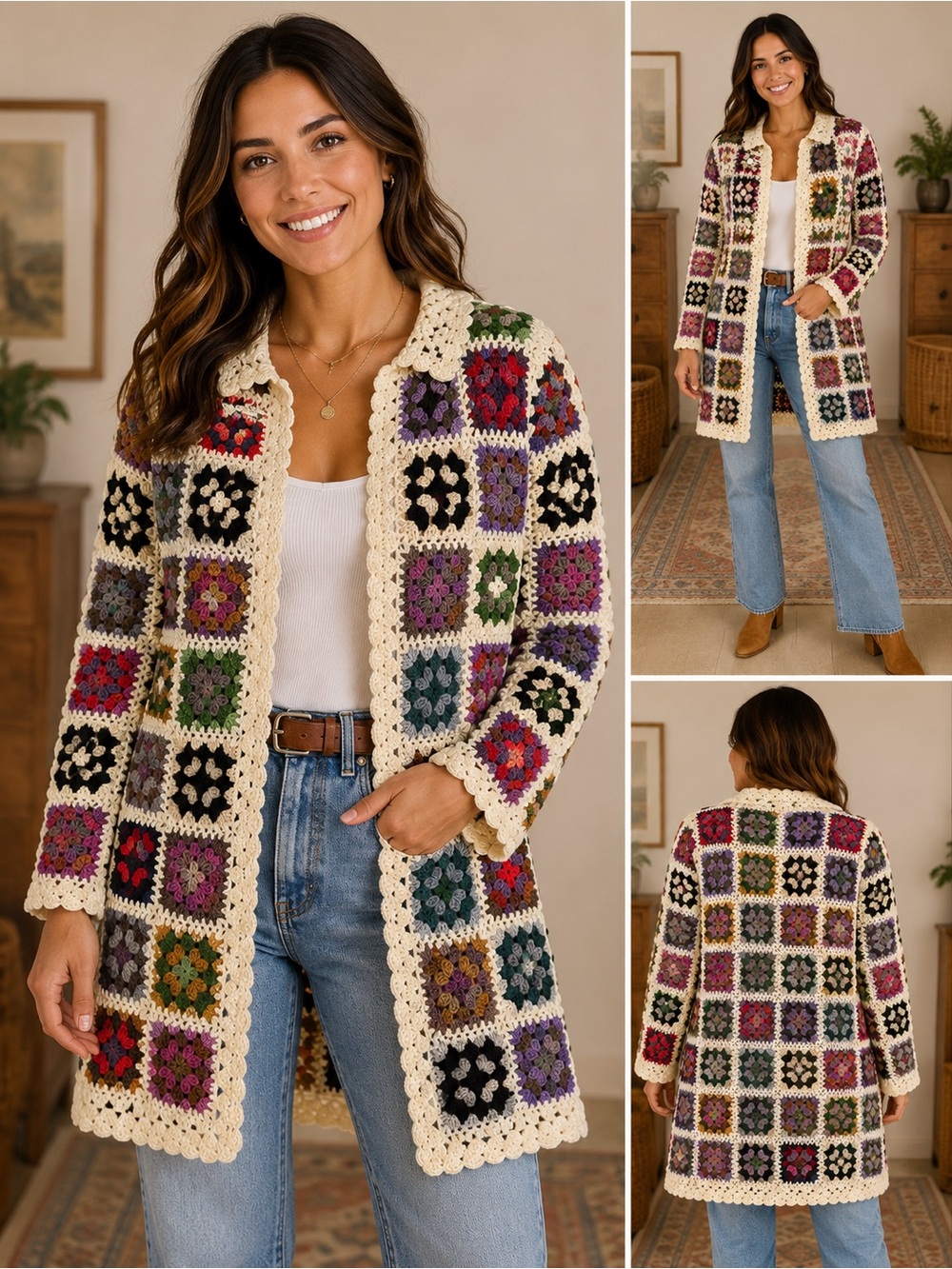 Crochet Granny Square Long Cardigan Sweater - Cream Multi